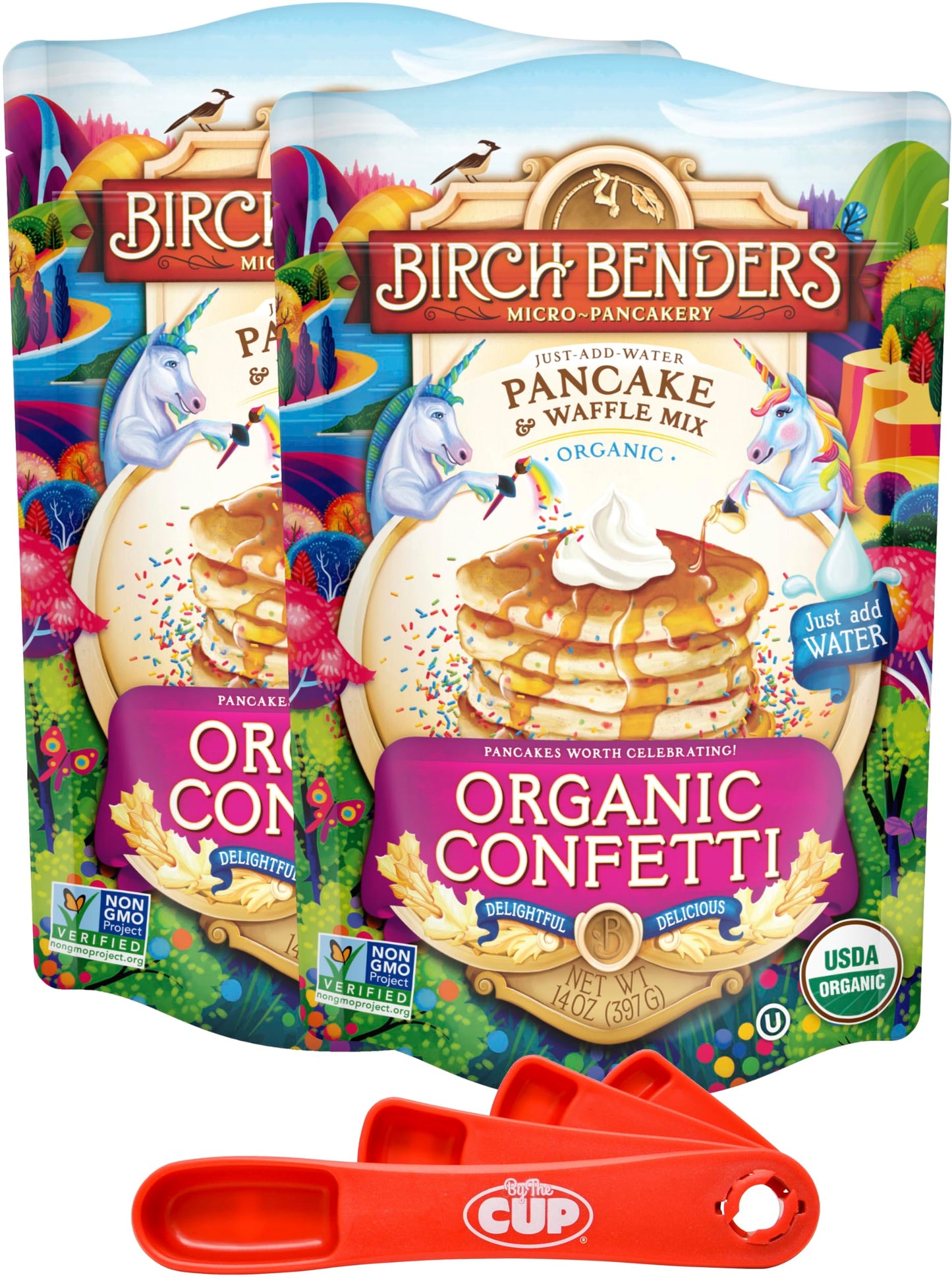 Birch Benders Organic Confetti Pancake and Waffles Mix, 14oz (Pack of 2) with By The Cup Measuring Spoons