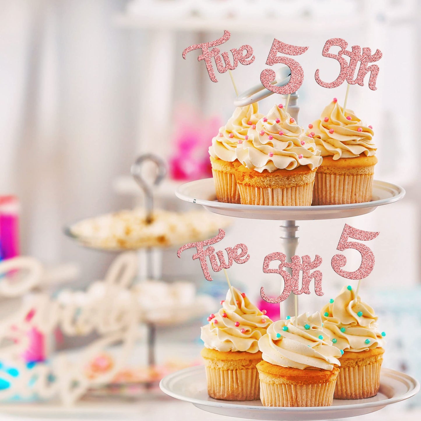 24Pcs Five Cupcake Toppers Glitter 5th Birthday Cupcake Picks for Baby Shower Fifth Birthday Party Cake Decorations Supplies Ros
