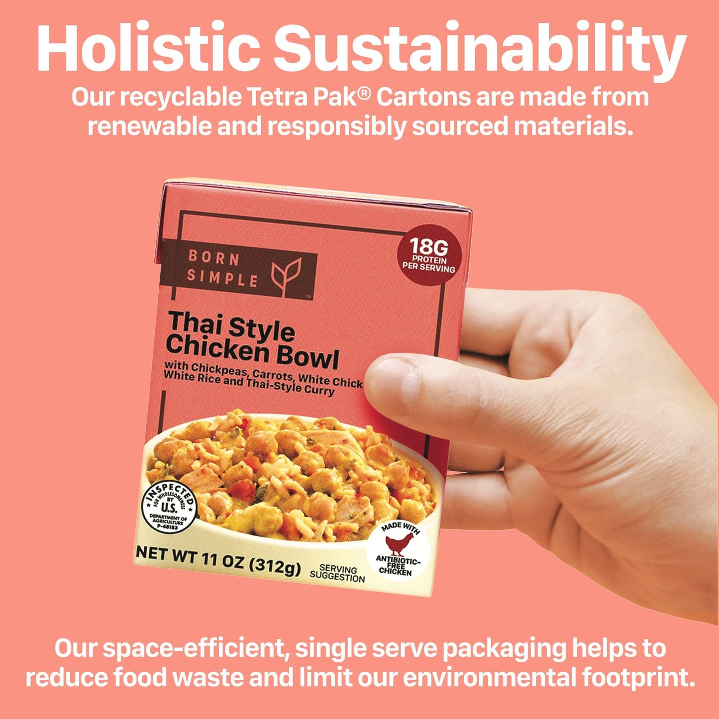 Born Simple Prepared Meals - Ready To Eat Thai Style Chicken Bowl | 18G Protein | 11 Oz (Pack Of 8)