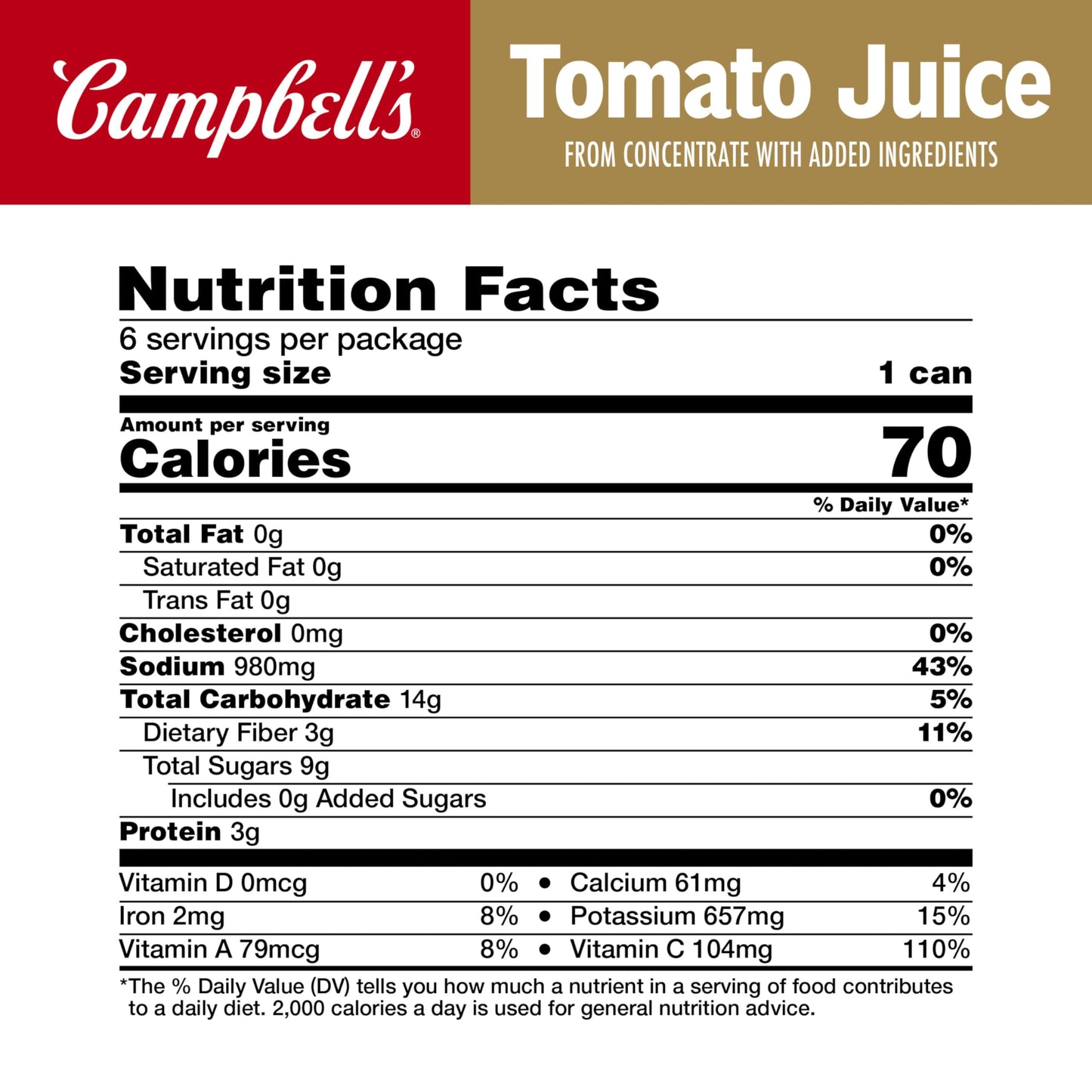 Campbell'S 100% Tomato Juice, 11.5 Fl Oz Can (6 Pack)