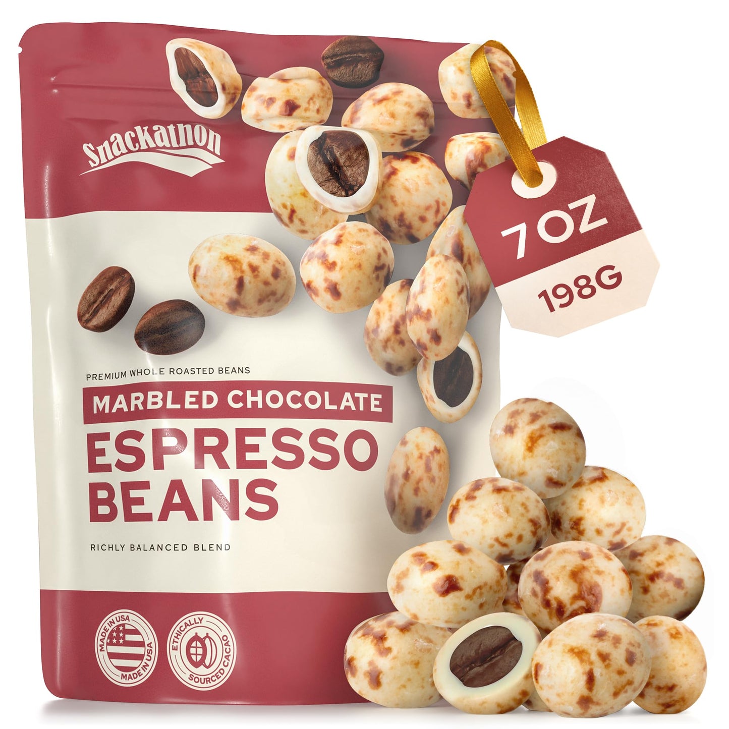 Snackathon Marbled Chocolate Covered Espresso Beans 7 Oz Resealable Bag Made In Usa Dual-Tone White & Dark Chocolate Gourmet Candy Snack For Coffee Lovers