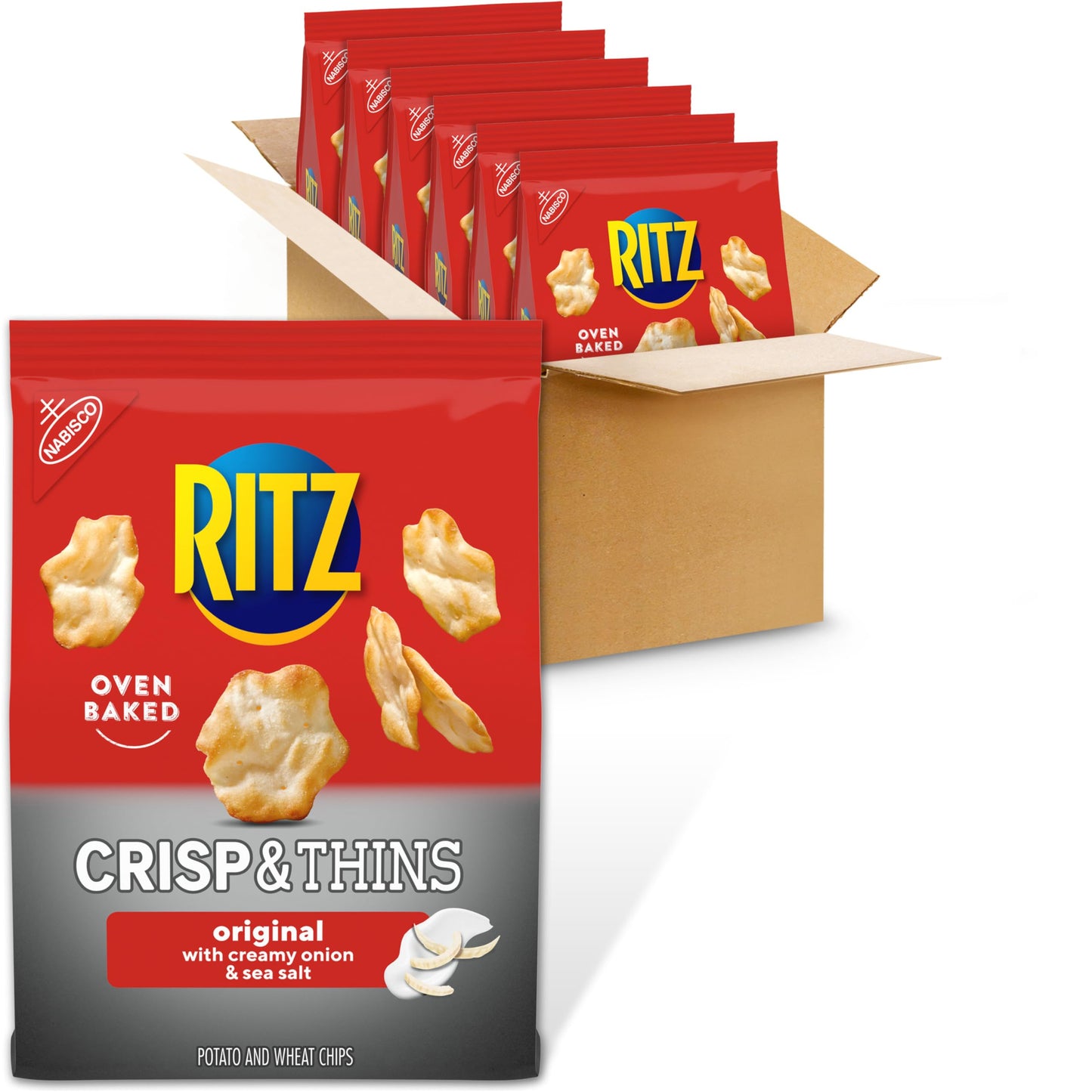 RITZ Crisp and Thins Original with Creamy Onion and Sea Salt Chips, Party Snacks, Bulk Snacks, 6 - 7.1 oz Bags
