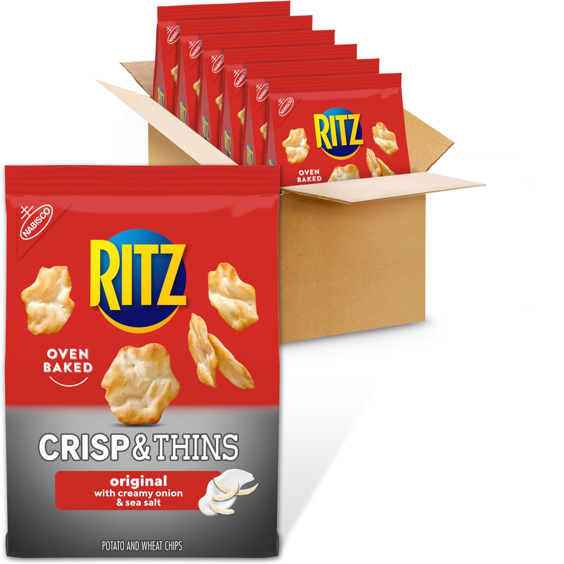 RITZ Crisp and Thins Original with Creamy Onion and Sea Salt Chips, Party Snacks, Bulk Snacks, 6 - 7.1 oz Bags
