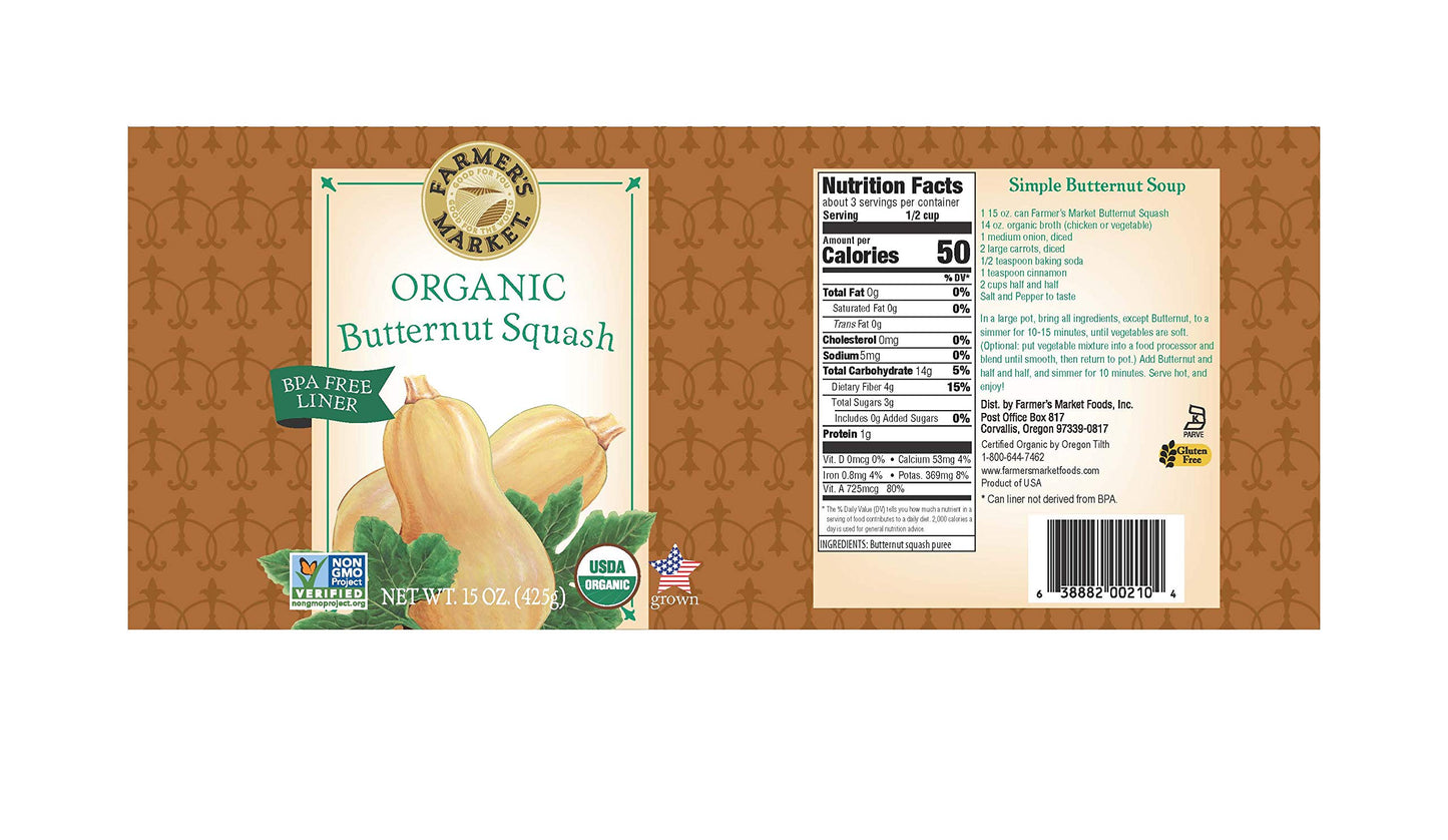 Farmer s Market Organic Butternut Squash Puree, 15 Ounce (Pack of 12)