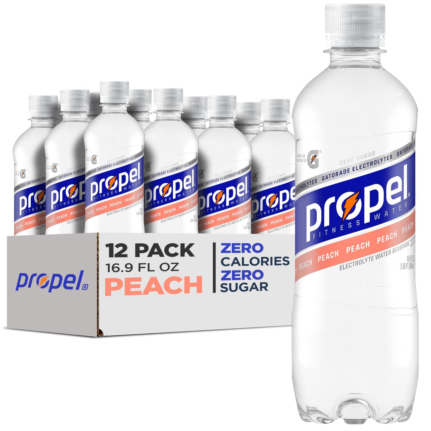 Propel Peach Zero Calorie Sports Drinking Water with Electrolytes & Vitamins C&E, 16.9 Fl Oz (Pack of 12)