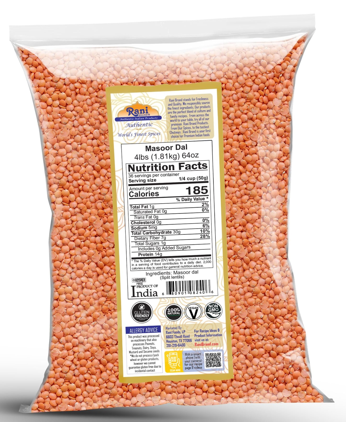 Rani Masoor Dal (Indian Red Lentils) Split Gram, 64Oz (4Lbs) 1.81Kg Bulk ~ All Natural | Gluten Friendly | Non-Gmo | Kosher | Vegan | Indian Origin