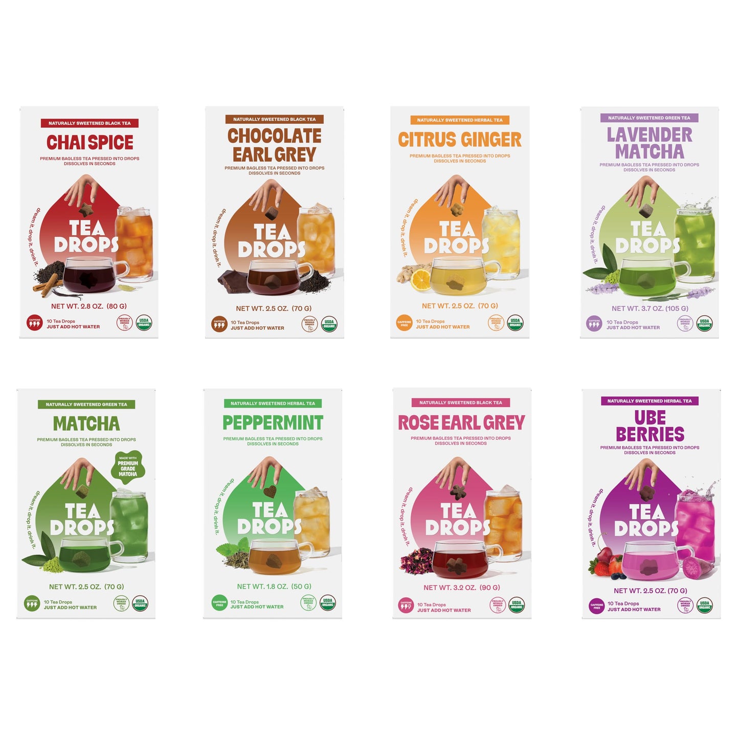Tea Drops 8-Pack Special Release 10Ct Tea Box Collection | Organic Bagless Tea Assortment | Handmade In Usa | Woman-Owned | Includes Chai Spice Chocolate Earl Grey Ube Berries Matcha Lavender Matcha Citrus Flavor Blendger Peppermint & Rose Earl Grey