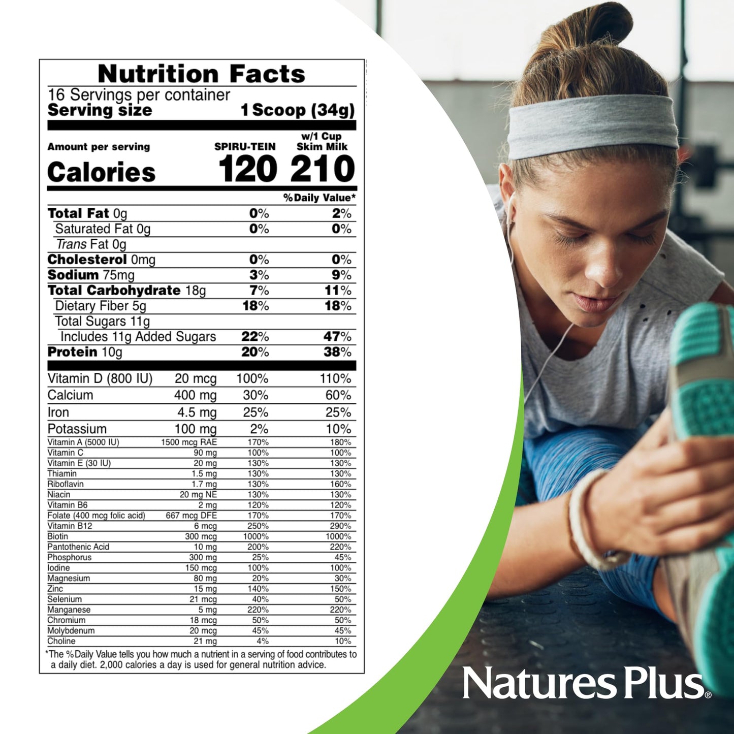 NaturesPlus SPIRU-TEIN Plus Shake, Vanilla, Plant-Based Protein Powder, 19.2 oz, Vegetarian, Gluten-Free, 16 Servings