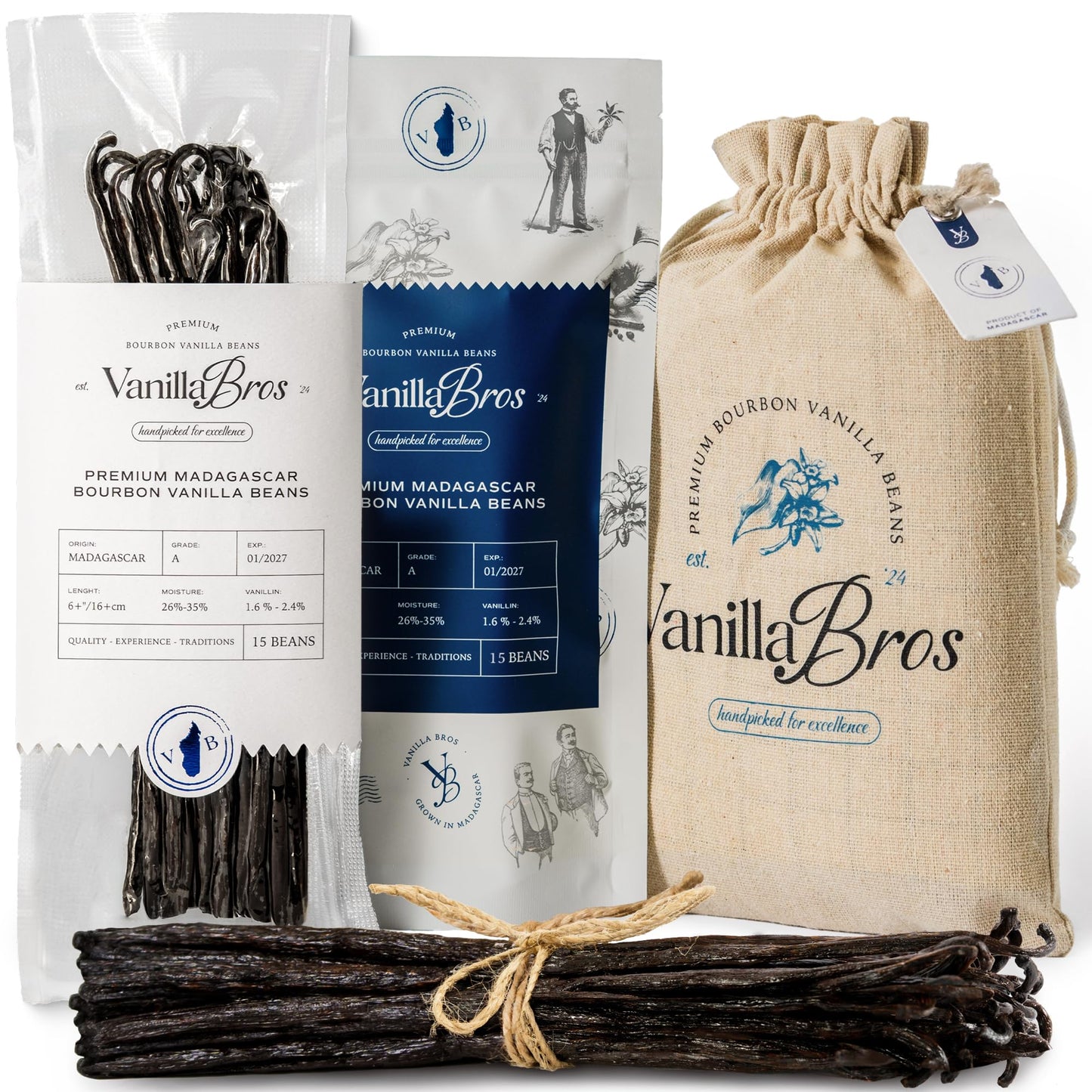 Vanillabros Madagascar Flavor Blend Vanilla Beans (15 Whole Pods High Standard 6.3-8.3 In) | High Vanillin 1.6-2.4% | Oily & Aromatic | For Baking Desserts & Homemade Vanilla Extract | Gift-Ready Pack
