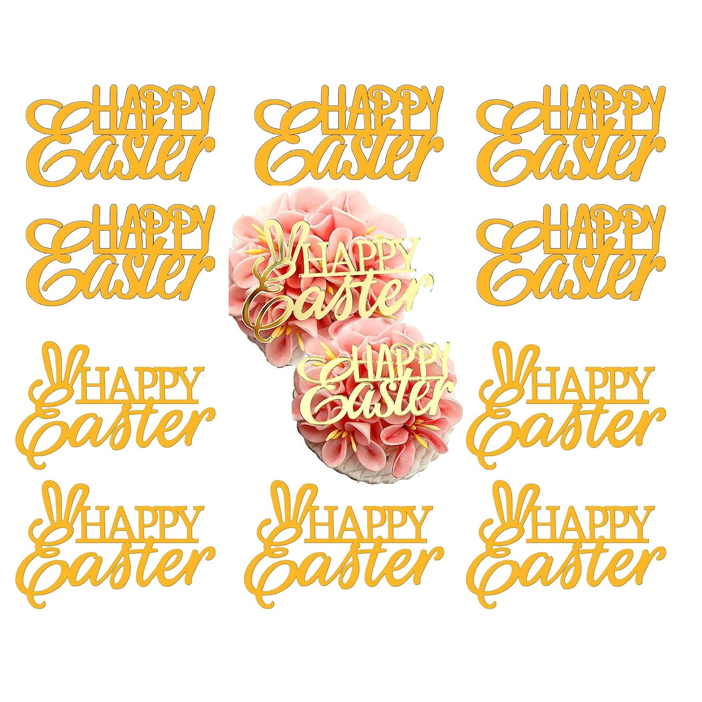 12 Pcs Happy Easter Acrylic Cupcake Toppers Gold Mirror Gold Cupcake Toppers For Easter Easter Dessert Decorations Holiday Baking Supplies Easter Theme Party Cake Decorations Birthday Party Supplies