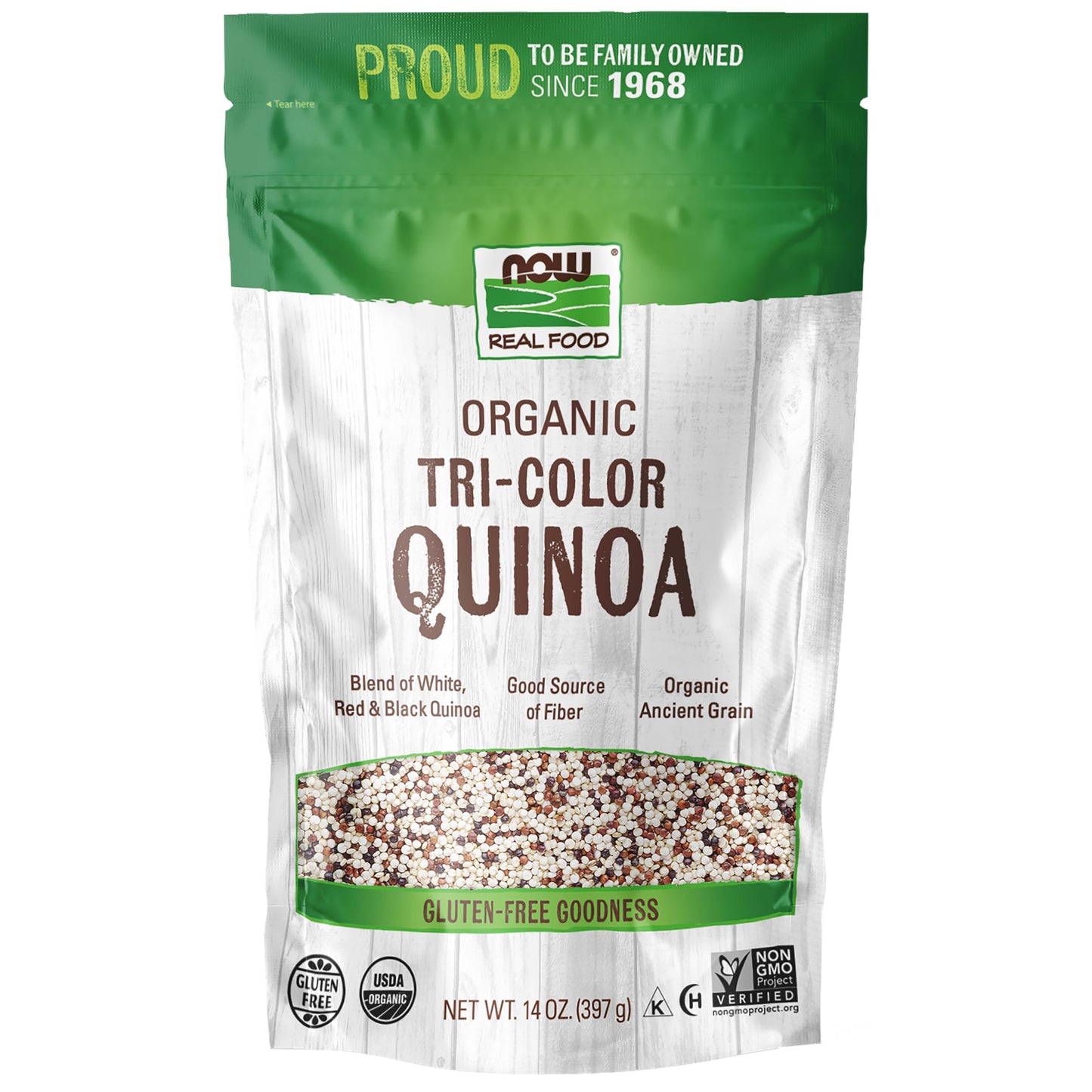 NOW Foods, Organic Tri-Color Quinoa, Gluten-Free, Non-GMO and Allergy-Frirendly, Source of Protein and Iron, 14-Ounce (Packaging