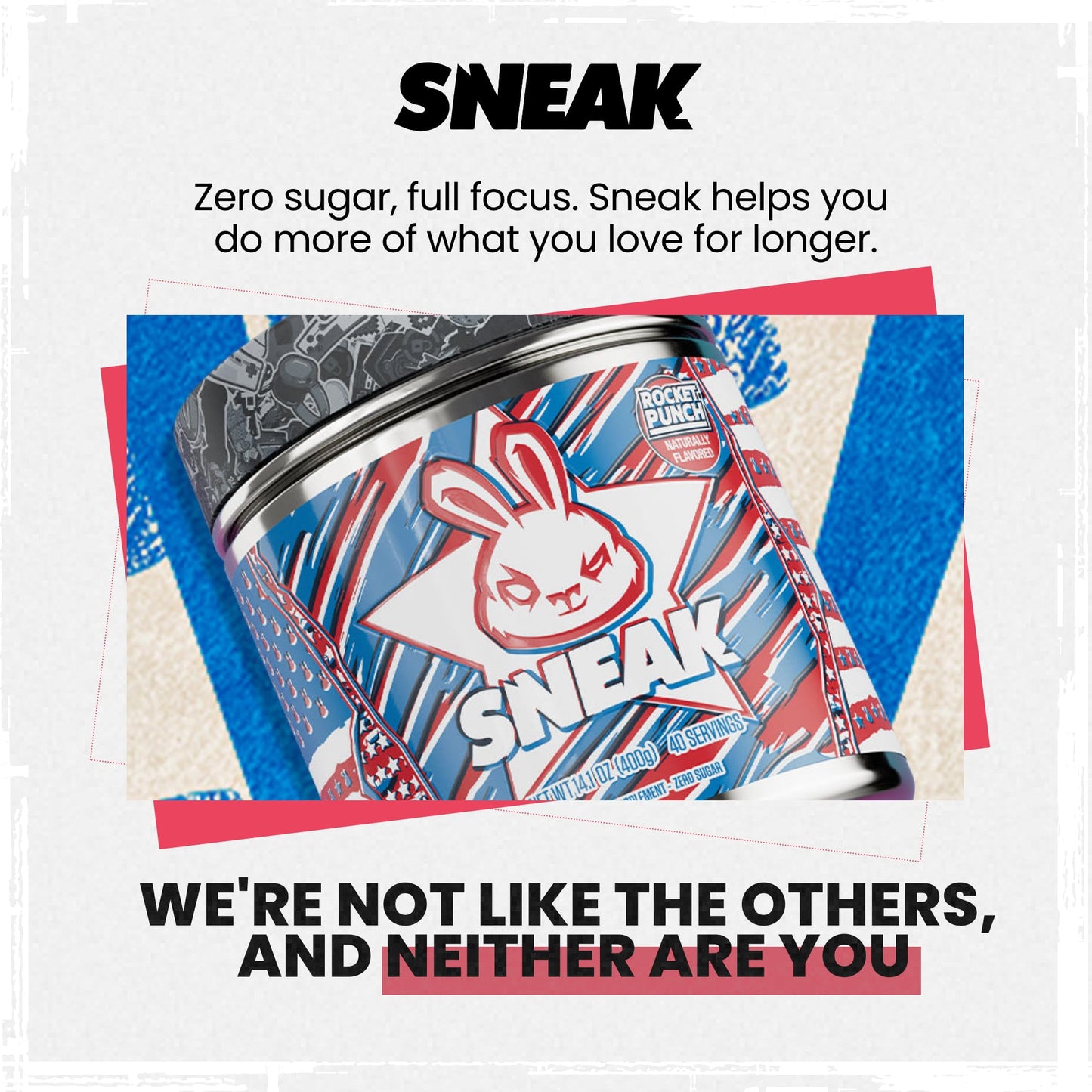 SNEAK Energy Drink Powder - Rocket Punch Flavor, 40 Servings, No Sugar, Natural Caffeine, Blue