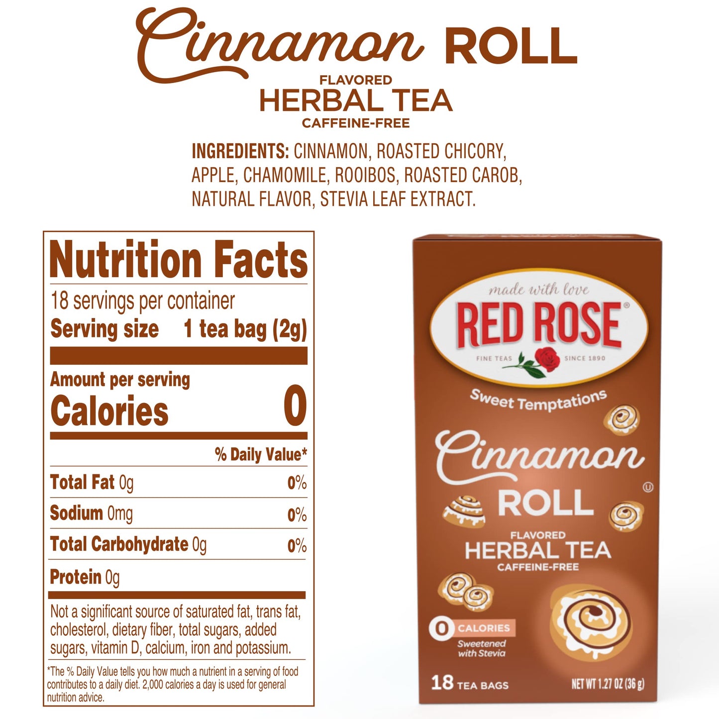 Red Rose Dessert Tea, Herbal Tea, Caffeine-Free, Naturally Flavored, 18 Count Pack of 6