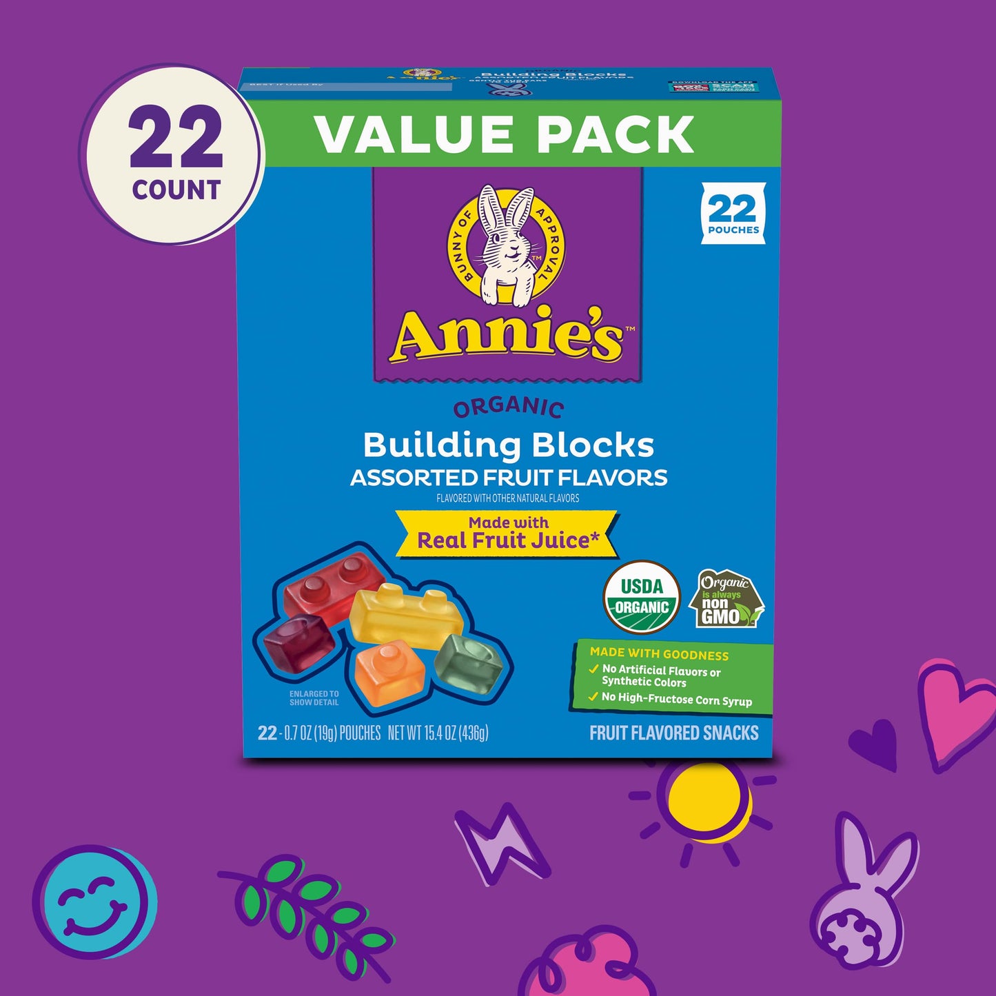 Annies Organic Building Blocks Fruit Flavored Snacks, Assorted Fruit Flavors, Gluten Free, 22 Pouches, 15.4 oz.