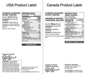 Food To Live Dry Roasted Blanched Sliced Almonds, 12 Ounces - Perfectly Oven Toasted For Maximum Flavor, Unsalted, No Oil Added,