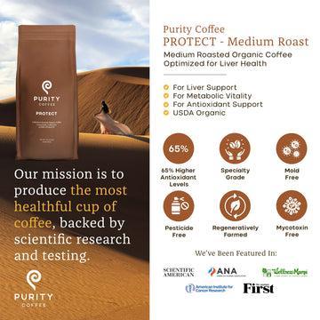 Purity Coffee Protect Highest Antioxidant Light-Medium Roast - Usda Certified Organic Specialty Grade Arabica Whole Bean Coffee - Third Party Tested For Mold, Mycotoxins, Pesticides - 5 Lb Bag