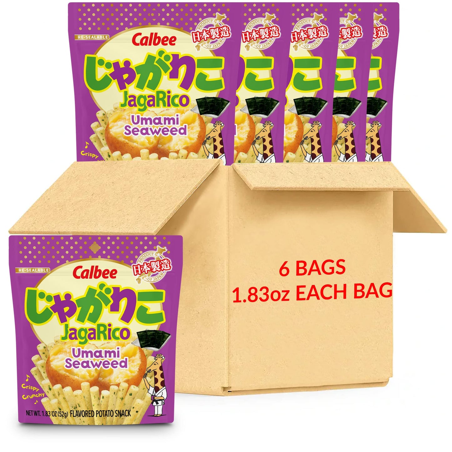 Calbee JagaRico (Umami Seaweed, 1.83 oz) | Seriously crunchy on the outside and crispy on the inside potato snack | (6 Pack)