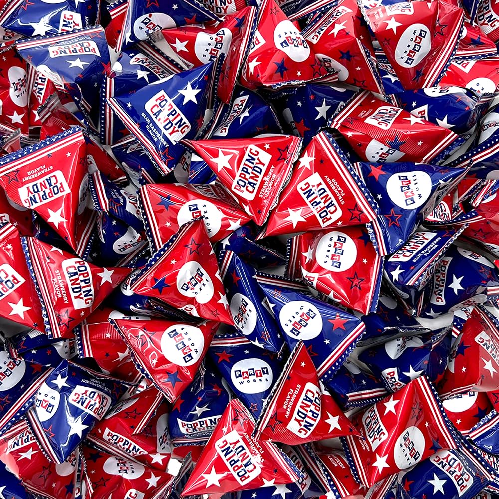 Partyworks Patriotic Candy - 40 Count Bag - Popping Rocks Pouches - Strawberry, Blue Raspberry Flavors - Individual Triangles