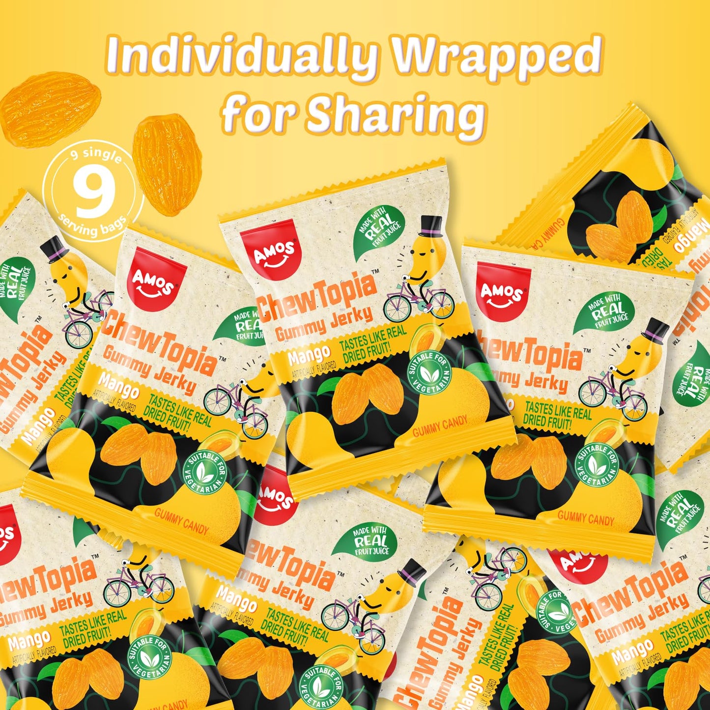 Amos Chewtopia Mango Gummy Jerky - Vegan Chewy Fruit Snack, Tastes Like Real Dried Mango, Soft & Chewy Gummy Candy, 8.47Oz Box (