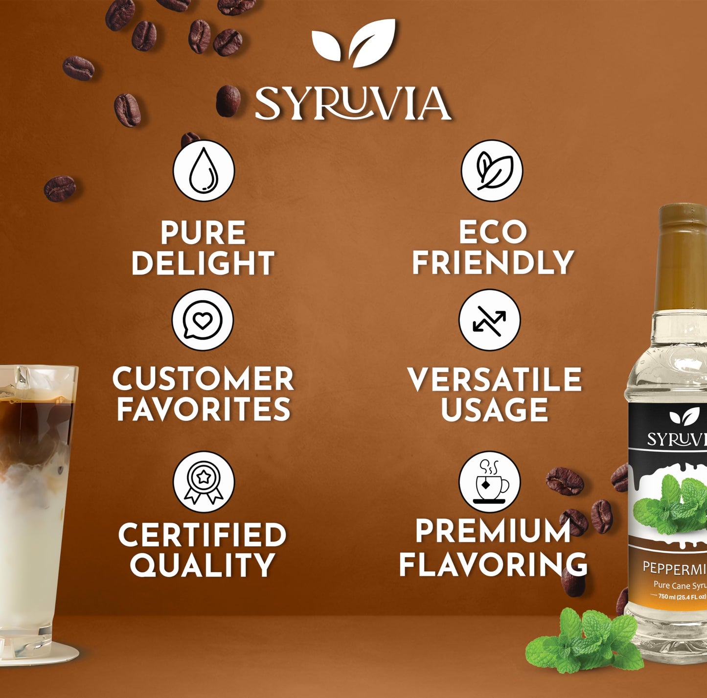 Syruvia Peppermint Syrup - Peppermint Coffee Syrup Flavor, 25.4 Fl Oz, Kosher, Gluten Free, Perfect For Coffee, Drinks, Soda, De