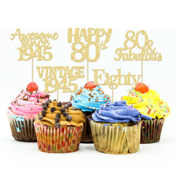 Gyufise 30Pcs Gold Glitter 80Th Birthday Cupcake Toppers Vintage 1943 Awesome Since 1943 Hello 80 Cake Topper Seventy 80 & Fabul