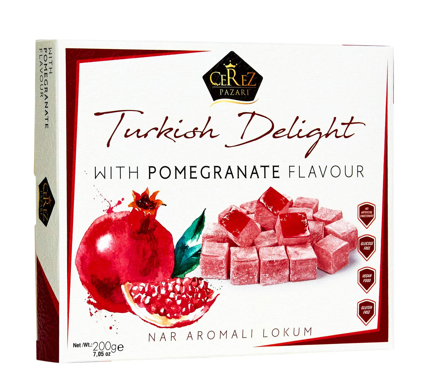 Cerez Pazari Turkish Delight With Pomegranate Flavour 200 Gr Gourmet Small Size Snacks Gift Box No Nuts Sweet Luxury Traditional