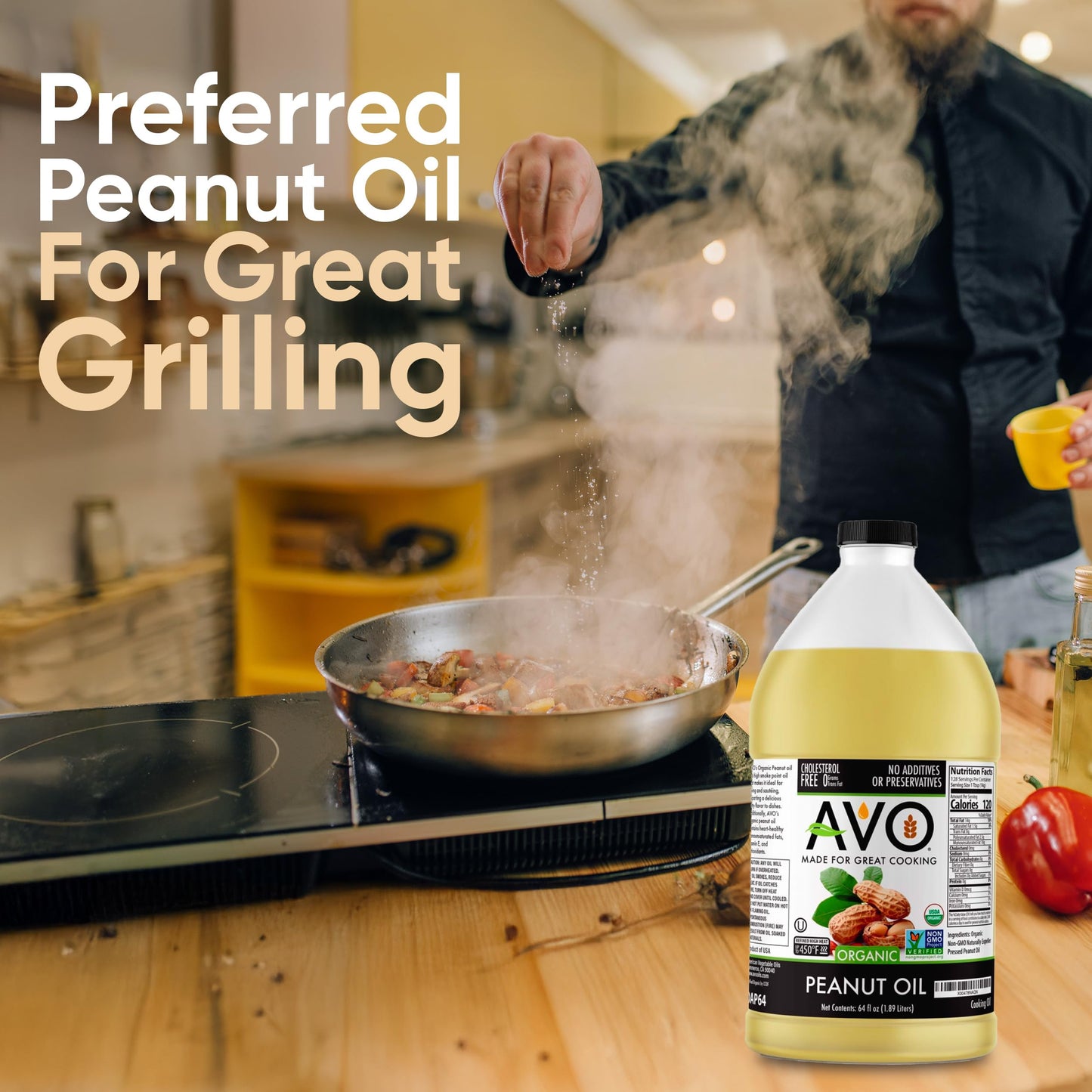 Avo Made For Great Cooking Organic Peanut Oil Half Gallon - Perfect For Cooking & Deep Frying - Ideal For Chefs, Moms, And Grill