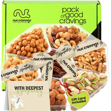 Sympathy Nuts Gift Basket With Sympathy Ribbon + Greeting Card (7 Assortments) Gourmet Food Bouquet Platter, Condolence Care Pac