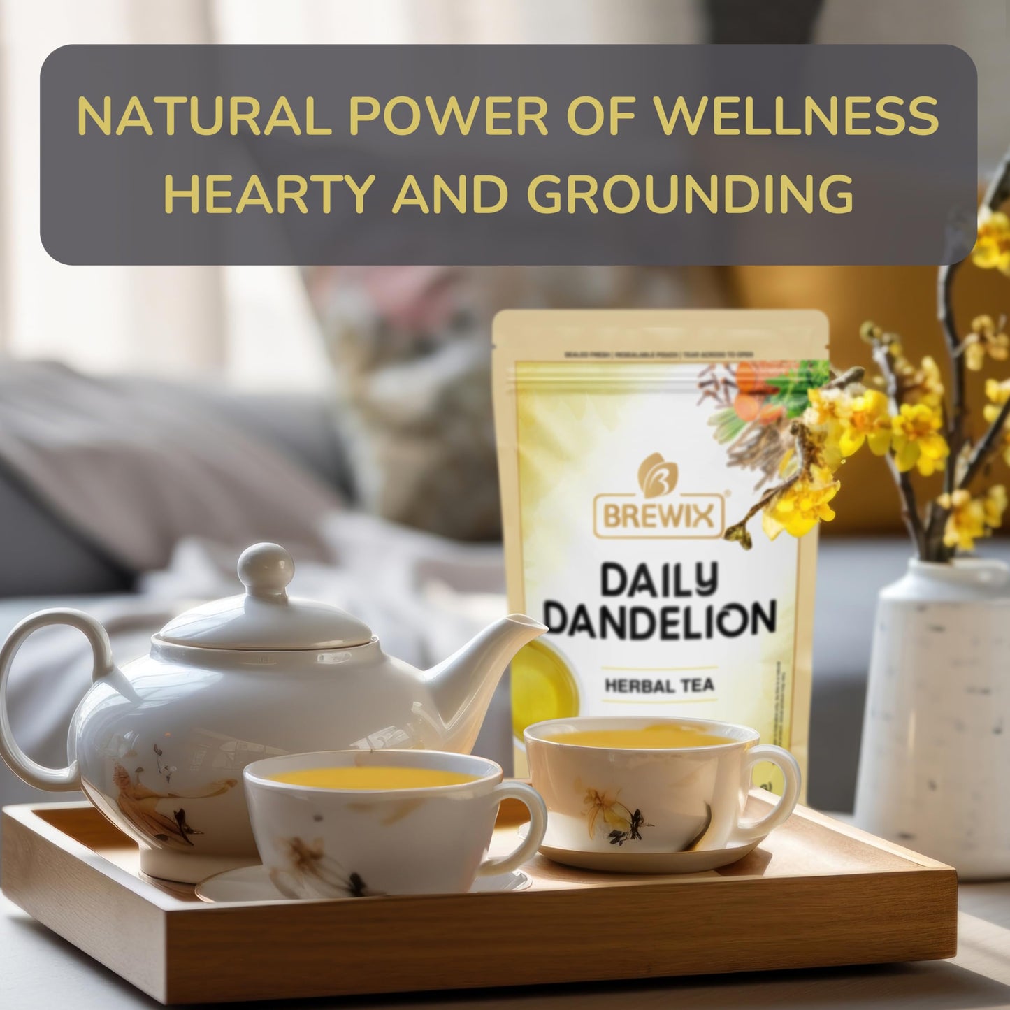 BREWIX Dandelion Root Detox Tea - Caffeine-Free Herbal Blend with Ginger, Tulsi & Turmeric, 25 Pyramid Tea Bags