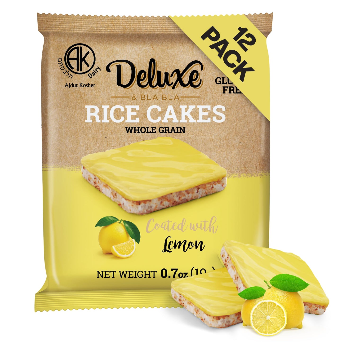 Deluxe & Bla Bla Rice Cakes 12 Pack - Whole Grain, Gluten-Free, Kosher, Low-Calorie Snack - Coated with Lemon - Healthy & Crunch