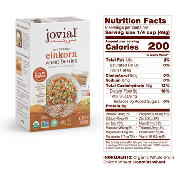 Jovial Einkorn 100% Organic Wheat Berries - Einkorn Berries, Organic Wheat Berries, High Protein, Non-Gmo, Usda Certified Organi