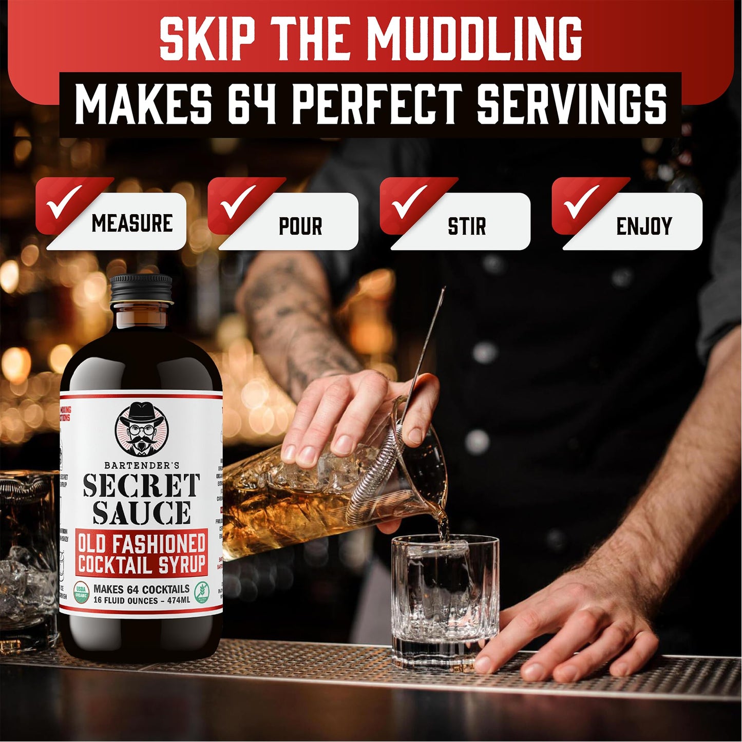 BARTENDERS SECRET SAUCE Old Fashioned Mix Bundle - Handcrafted Syrup 16oz, Gourmet Peninsula Cocktail Cherries 10.5oz, Ice Mold