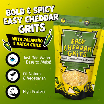 Jalapeno Yellow Corn Grits With Cheddar Cheese + Hatch Green Chile + Garlic, By Fishski Provisions, 6 Oz Bags, 12 Pack