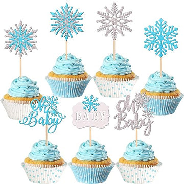 28 PCS Snowflake Oh Baby Cupcake Toppers Glitter Winter Frozen Theme Baby Snowflake Cupcake Picks for Winter Wonderland Gender R