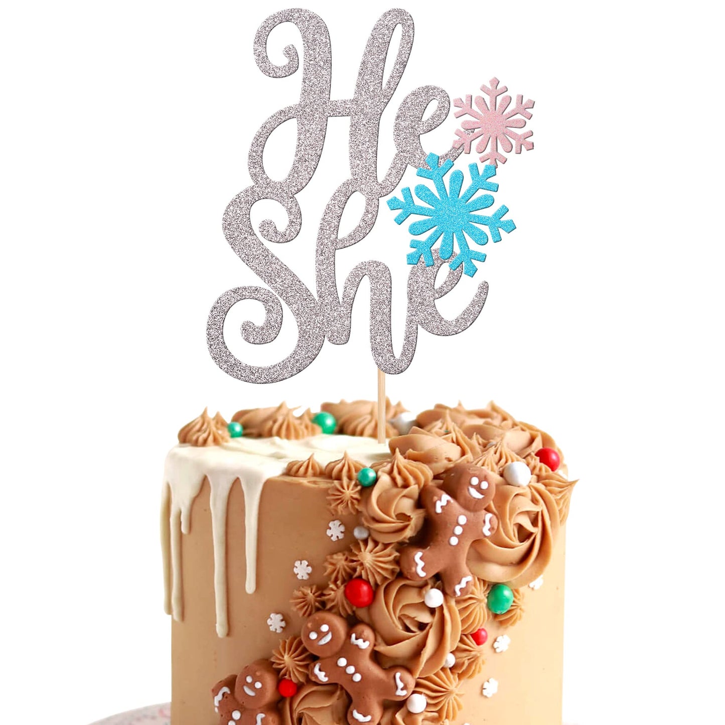 1 Pcs Snowflake He Or She Cake Topper Glitter Gender Reveal Boy Or Girl Cake Pick For Snowflake Gender Reveal Baby Shower Kids Birthday Party Cake Decorations Supplies