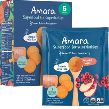 Amara Organic Baby Food - Stage 2 - Sweet Potato Raspberry - Baby Cereal To Mix W/Breastmilk, Water Or Baby Formula - Shelf Stab