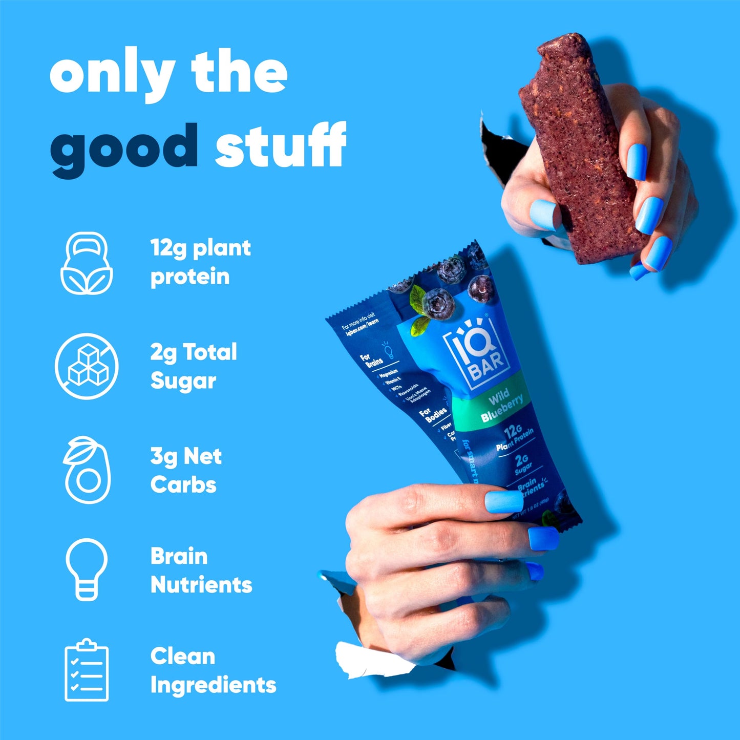 IQBAR Brain and Body Plant Protein Bars - Wild Blueberry - 12 Count, Low Carb, High Fiber, Gluten Free, Healthy Vegan Snacks - L