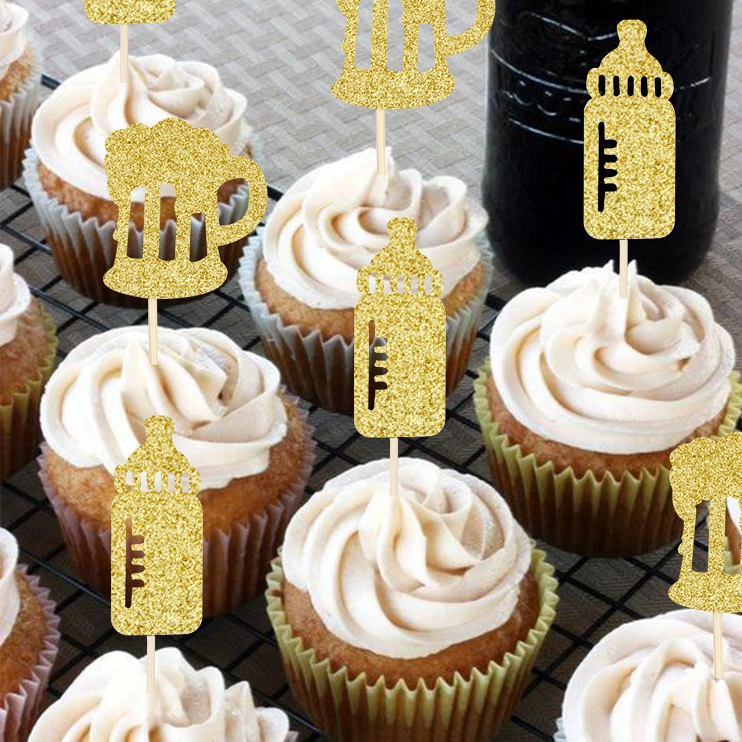 ZHUOWEISM Baby Bottle Cupcake Toppers, 30 PCS Gold Glitter, Small, Design4 for Baby Showers and Birthday Parties