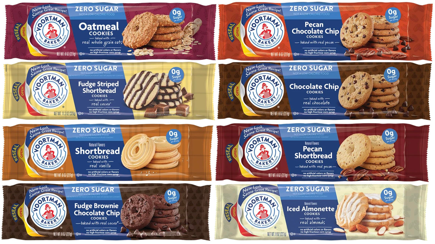 Voortman Sugar Free Cookies - Variety Pack - Chocolate Chip - Fudge Brownie - Pecan Shortbread - Pecan Chocolate Chip - Iced Almonette - Oatmeal Fudge Striped Shortbread - 8 Packs