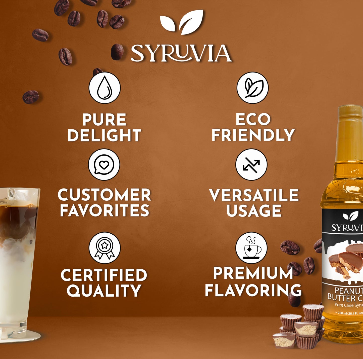 Syruvia Peanut Butter Cup Syrup - Peanut Butter Cup Coffee Syrup Flavor, 25.4 Fl Oz, Kosher, Gluten Free, Perfect For Coffee, Dr