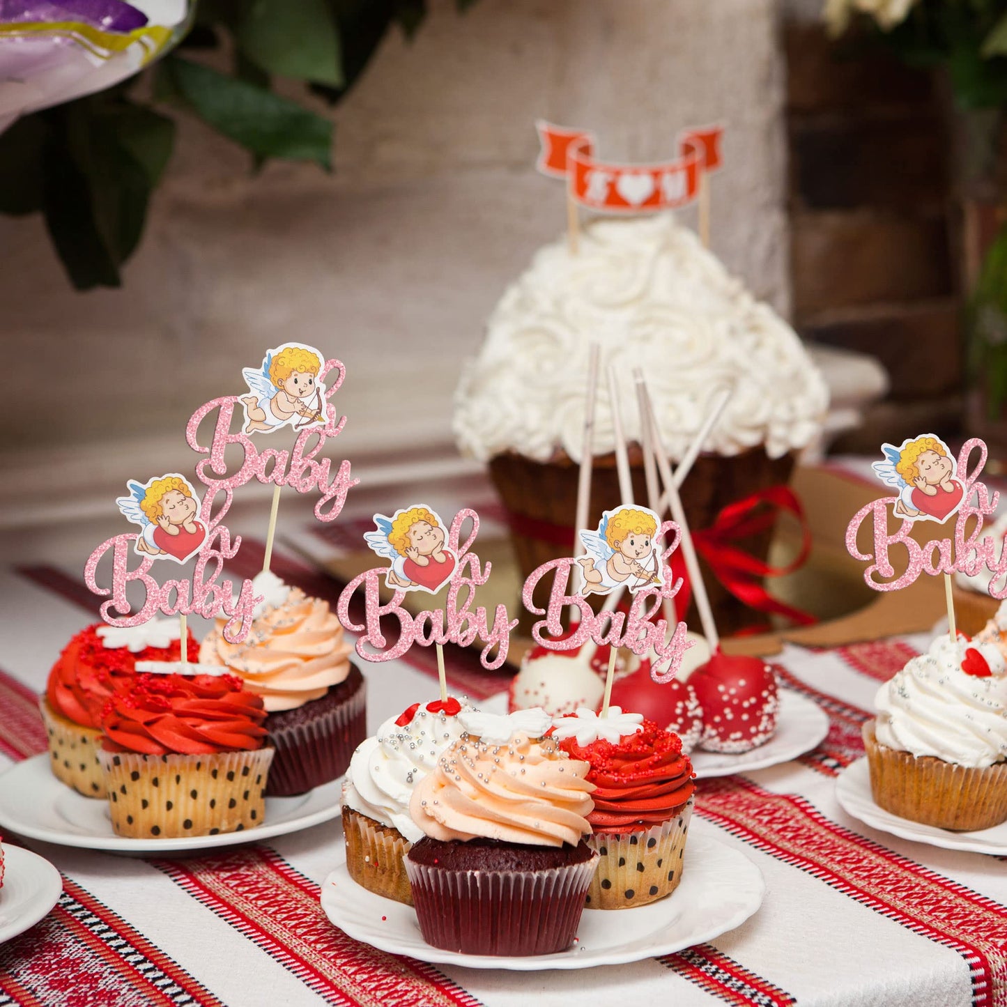 Gyufise 24Pcs Valentine Oh Baby Cupcake Toppers Pink Glitter Cupid Babyshower Cupcake Picks Decorations For Valentine'S Day Them