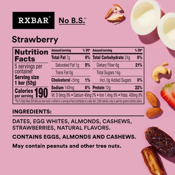 RXBAR Protein Bars, 12g Protein, Gluten Free Snacks, Strawberry, 9.1oz Box (5 Bars)
