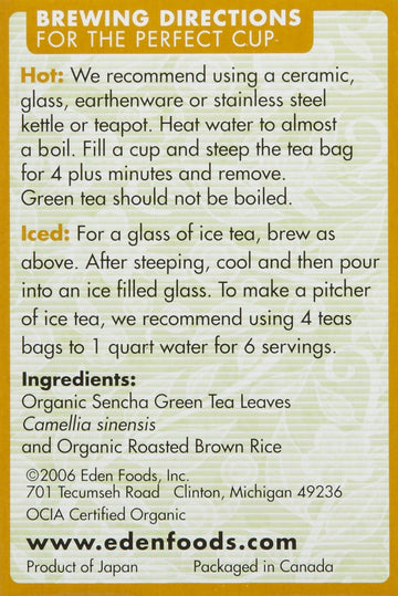 Eden Organic Green Tea With Brown Rice, Traditional Genmaicha, Tea Bags, (1.01 Oz) 16 Ct Boxes