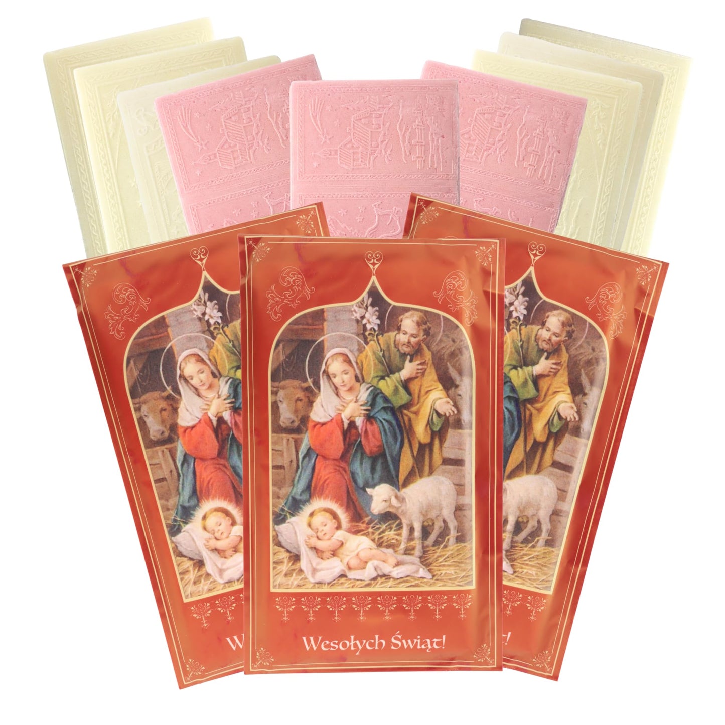 Oplatki Christmas Wafers, 2 White 1 Pink with Decorative Envelope, Polish Wigilia Tradition, Pack of 3