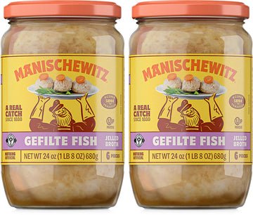 Manischewitz Gefilte Fish in Jelled Broth 24oz (2 Pack), Packed with Protein, No Added MSG, Kosher for Passover