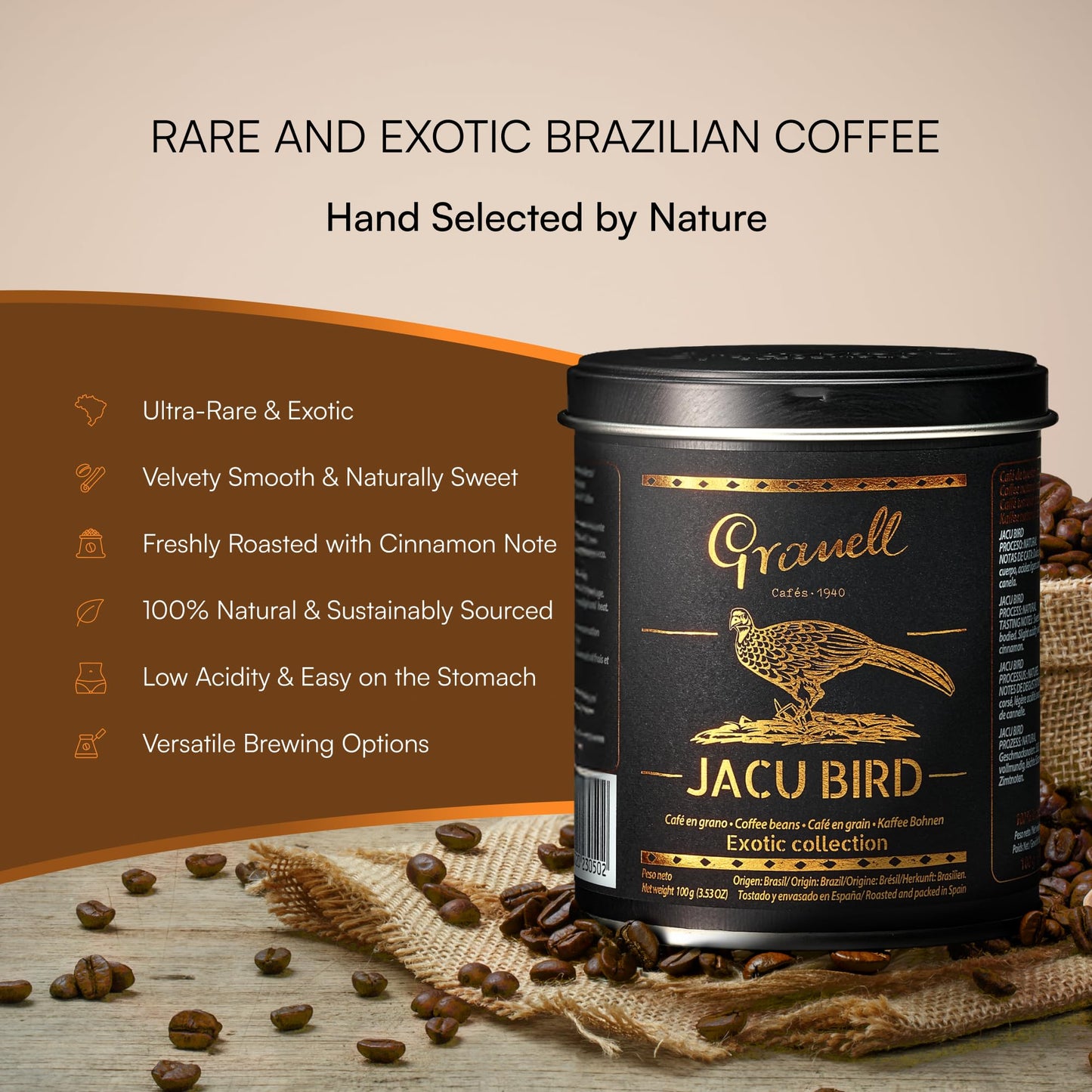 Granell Cafes 1940 Jacu Bird Coffee - Rare Brazilian Whole Bean - Medium Roast - Exotic Low Acid Gourmet