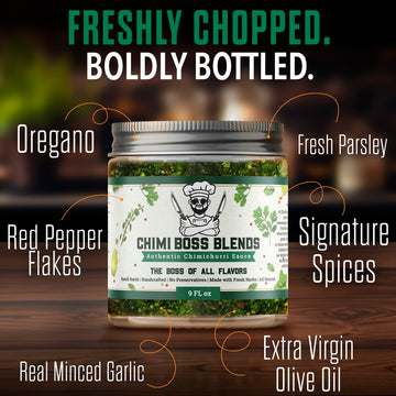Chimi Boss Chimichurri Original Sauce, 9 fl oz - Authentic Argentinian Green Herb Sauce with Fresh Parsley, Garlic & Spices - Al