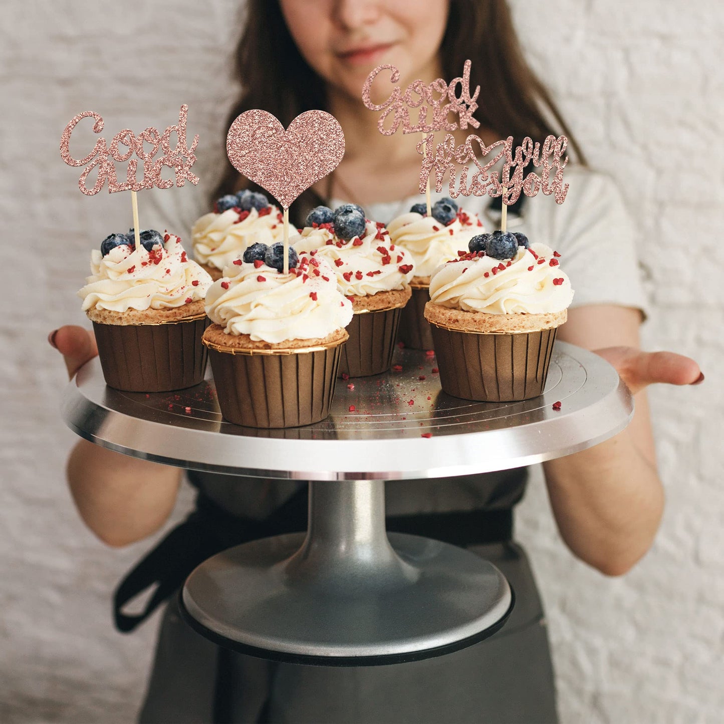 Gyufise Cupcake Toppers, 36Pcs Rose Gold Glitter Heart Picks, Paper Decorations for Retirement and Going Away Parties, Small Size