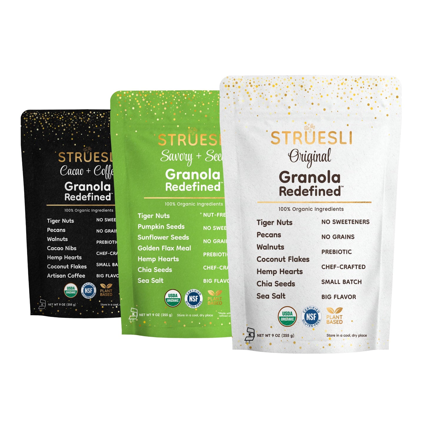 Struesli Granola Variety Pack, Organic Grain & Gluten Free Healthy Snacks, Keto & Paleo Friendly, Includes Original, Cacao + Coffee & Savory + Seed Flavors, Prebiotic Fiber, 3 Count, 9 Oz Each