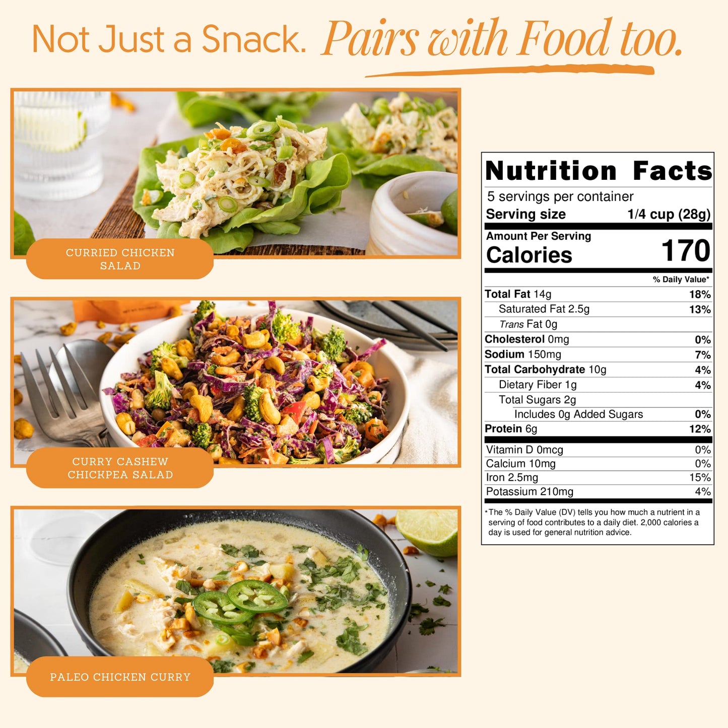 RICH NUTS Crunchy Curry Sprouted Cashews, Vegan, Paleo, Keto, Non-Roasted, 5 Oz Bag (2 Pack)